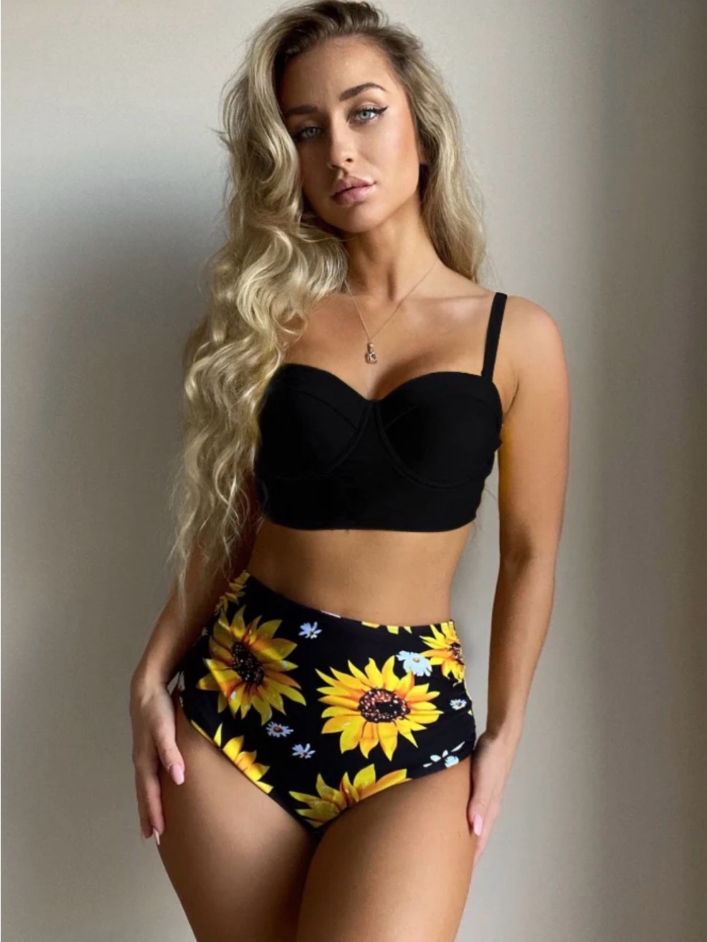 SHEIN Black Bikini Top with Black Sunflower High-Waist Bottoms